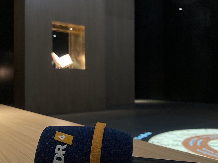 Ein Mikrofon mit WDR-Würfel vor einer beleuchteten Vitrine