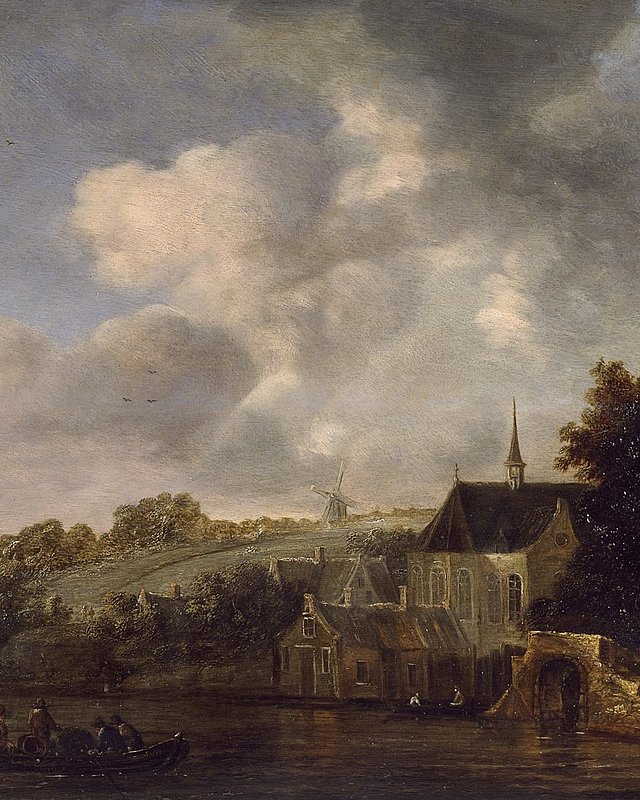 Flusslandschaft mit Kirche und Windmühle