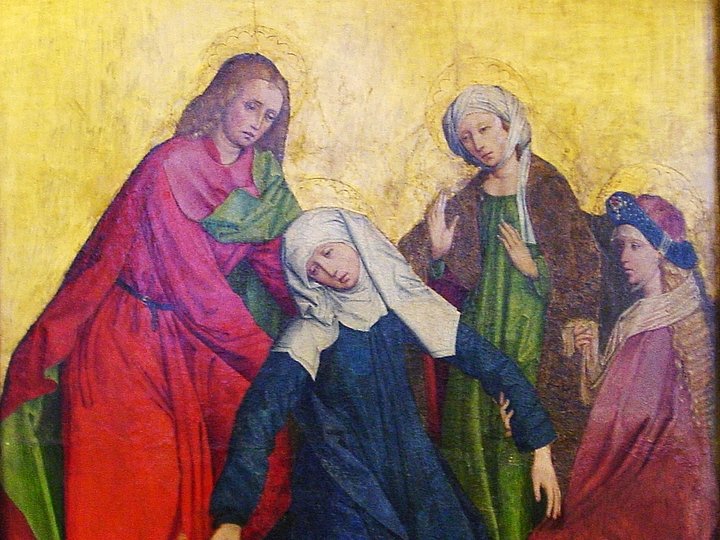 Ausschnitt eines spätgotischen Tafelgemäldes mit Goldgrund: vier Figuren in roten, grünen und blauen Gewändern, eine von ihnen sinkt zu Boden