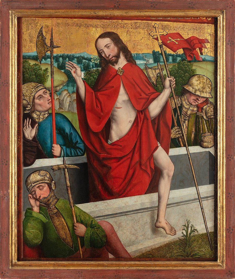 Tafelgemälde: Christus mit rotem Mantel und Fahne steigt aus dem Sarkophag, davor drei Wächter